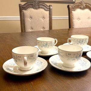 Wedgwood Cup Saucer Set Belle Fleur Footed Blue Flowers Platinum Rim Bone China